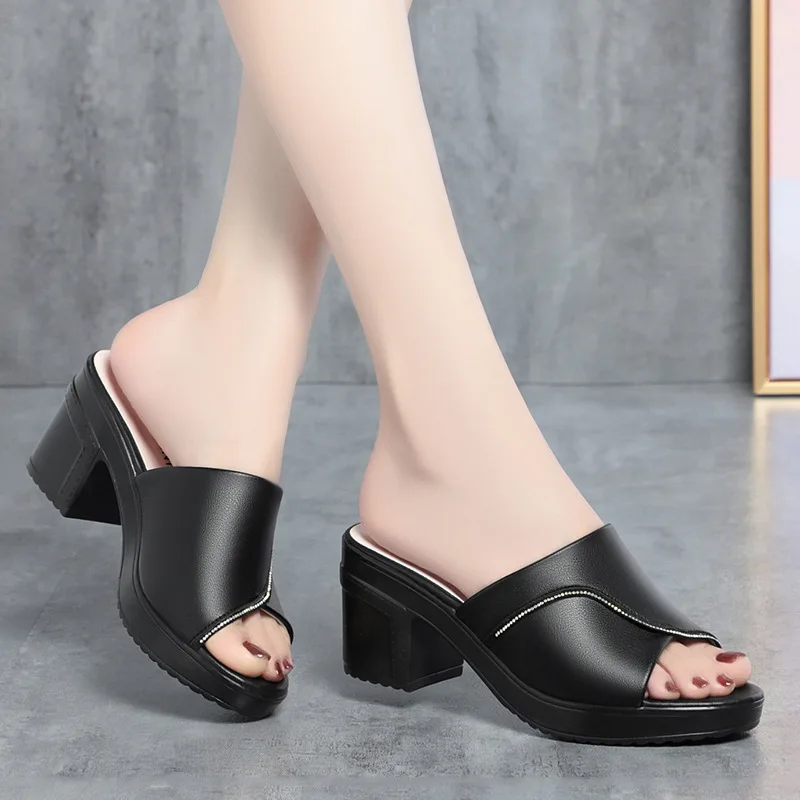 

Shoes For Women Slippers 2024 New Summer Pumps Casual High Heels Thick-heeled Solid Color Round Toe Slides Outside Leisure