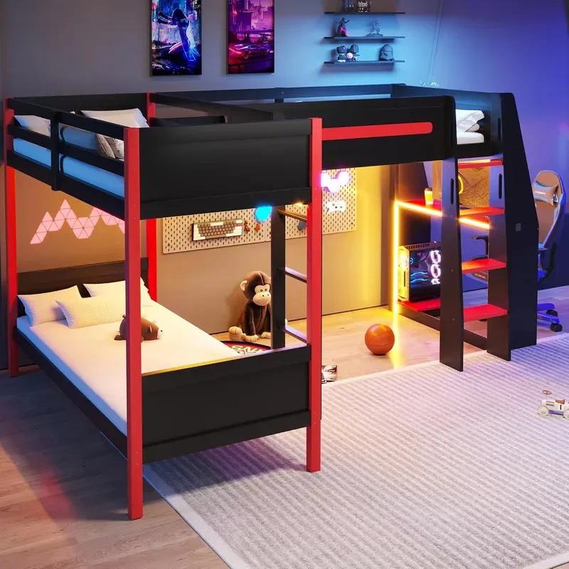 Triple Bunk Bed with Shelves LED Lights L Shaped Twin Over Twin Loft Bed with Desk Corner Bunk Beds Under Bed Storage Slat
