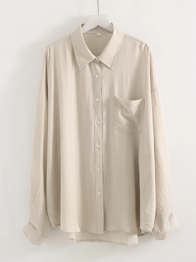 ตัวเลือกสินค้า เสื้อเชิ้ตผ้าลินินโอเวอร์ไซส์แขนยาว สีฟ้า สำหรับฤดูร้อน