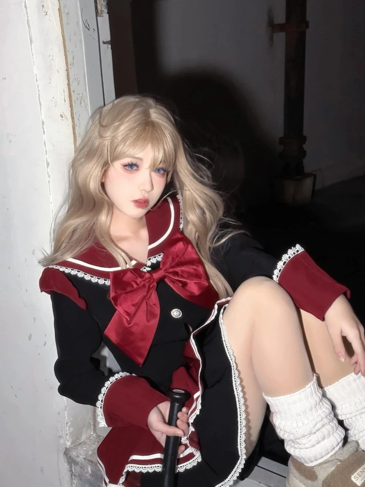 Y2k Aesthetic Preppy Style 2 Piece Set Women Kawaii Bow Long Sleeve Tops +Short Skirt Harajuku Fashion JK Uniform Sailor Outfits 2