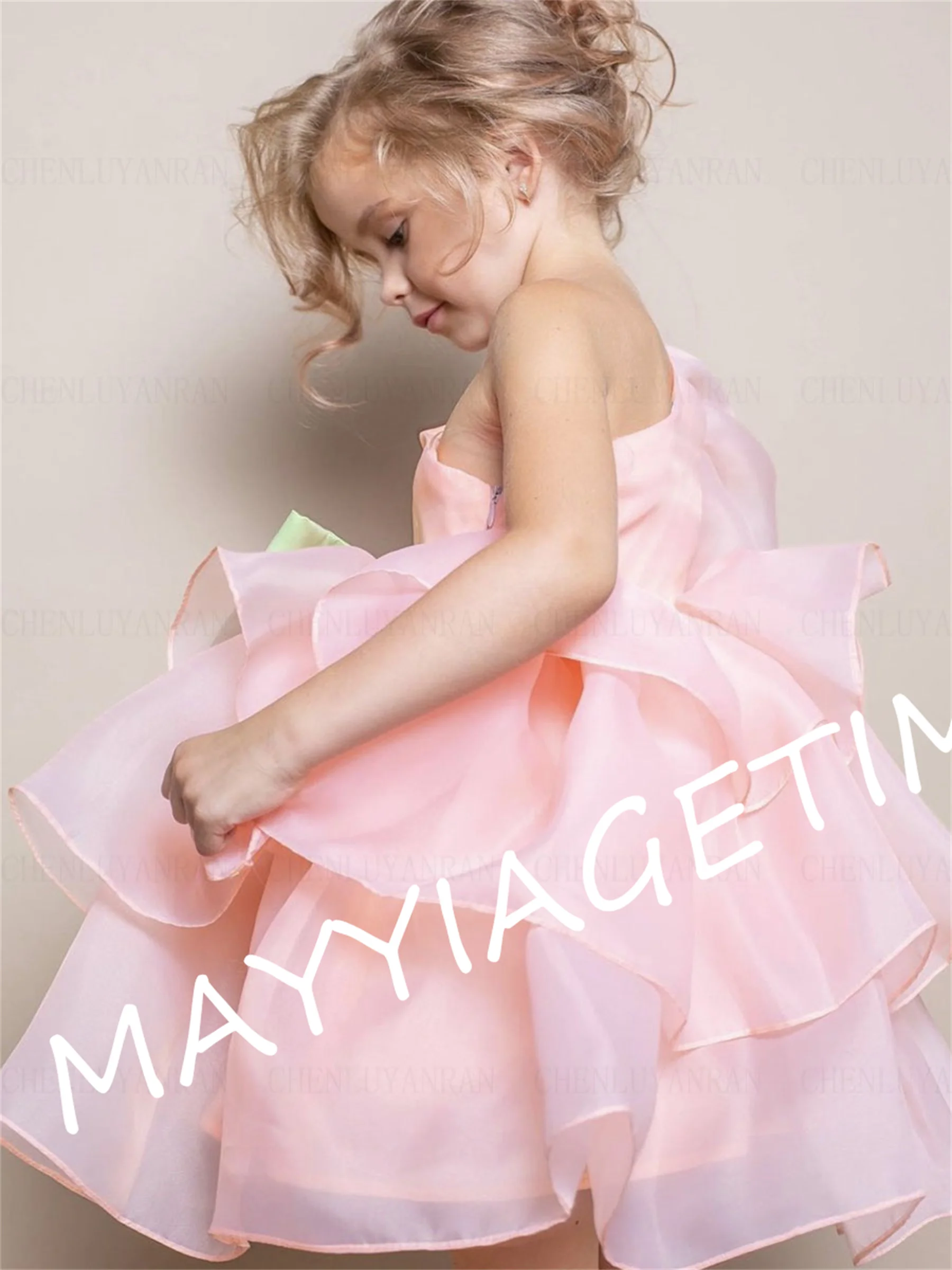 

Pink Organza Flower Girl Dress Knee-Length Cute Girls Princess Wedding Party Dress Bow A-Line Puffy First Communion Gown Dress