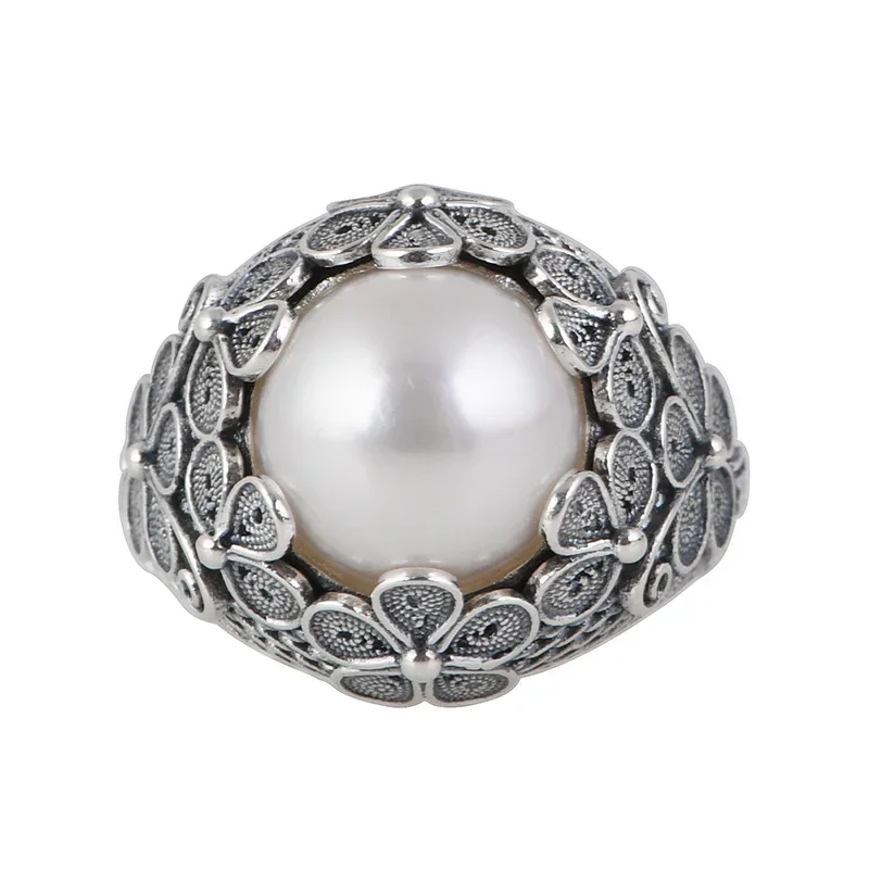 S925 sterling silver rings for Women New Fashion round freshwater pearl filigree butterfly flowers punk jewelry free shipping