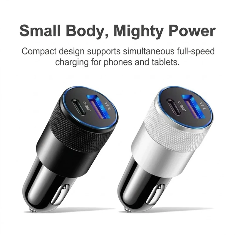 컴팩트 듀얼 포트 자동차 충전기 USB C & A 타입 3.1A 고속 충전 차량용 어댑터 (스마트 온도 제어 기능 포함, 아이폰 및 휴대폰용)