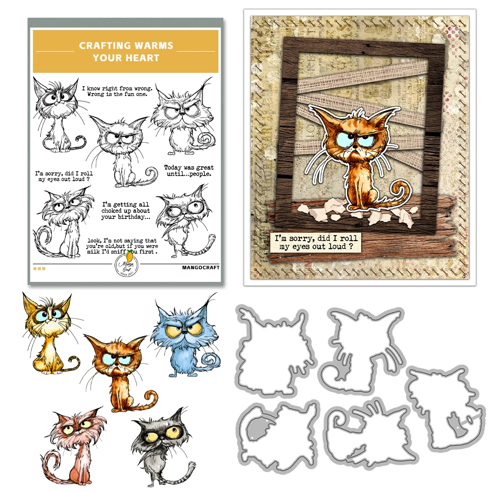 Cute Arrogant Cats Die Cut & Stamp Set - DIY Card Making & Scrapbooking Supplies With Carbon Steel Dies