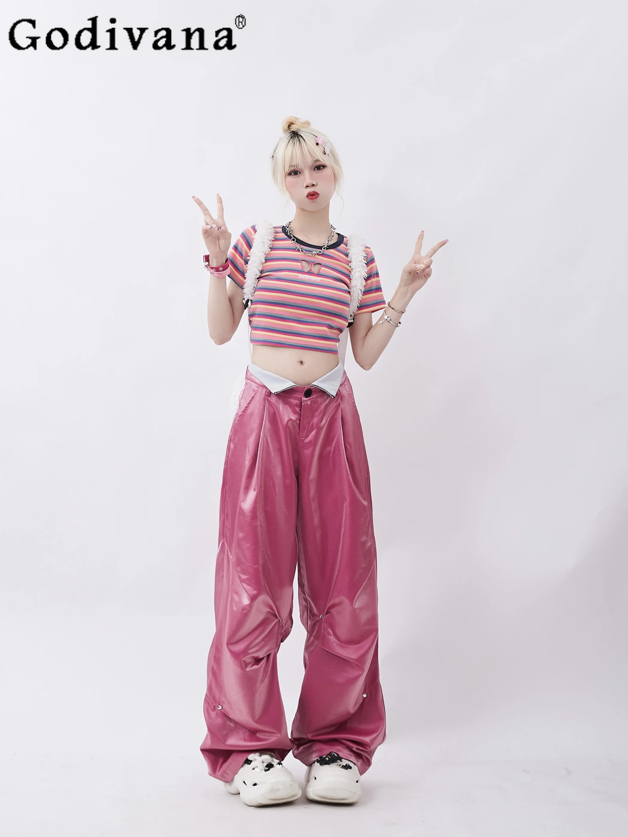Korean Fashion Girly Sweet Elegant Trousers Summer Double Waist Two Wear Straight Casual Pants Loose Slim Women Mop Pants