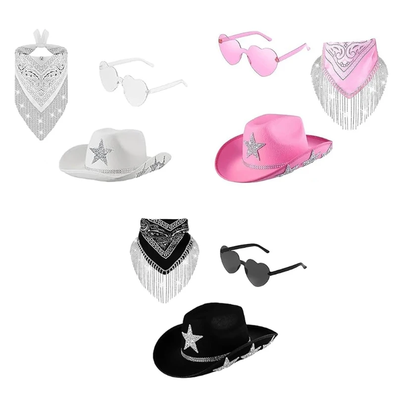 

3PCS Adult Heart Sunglasses+Kerchiefs+Cowboy Hat Set Carnivals Sunproof Woman Cowboy Hat with Diamond Star for Camping