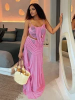 Ensemble élégant 2 pièces froncé Kliou pour femme : hauts camisoles à col bas et dos nu + jupes longues à taille élastique – Tenues de soirée pour bal de minuit 5