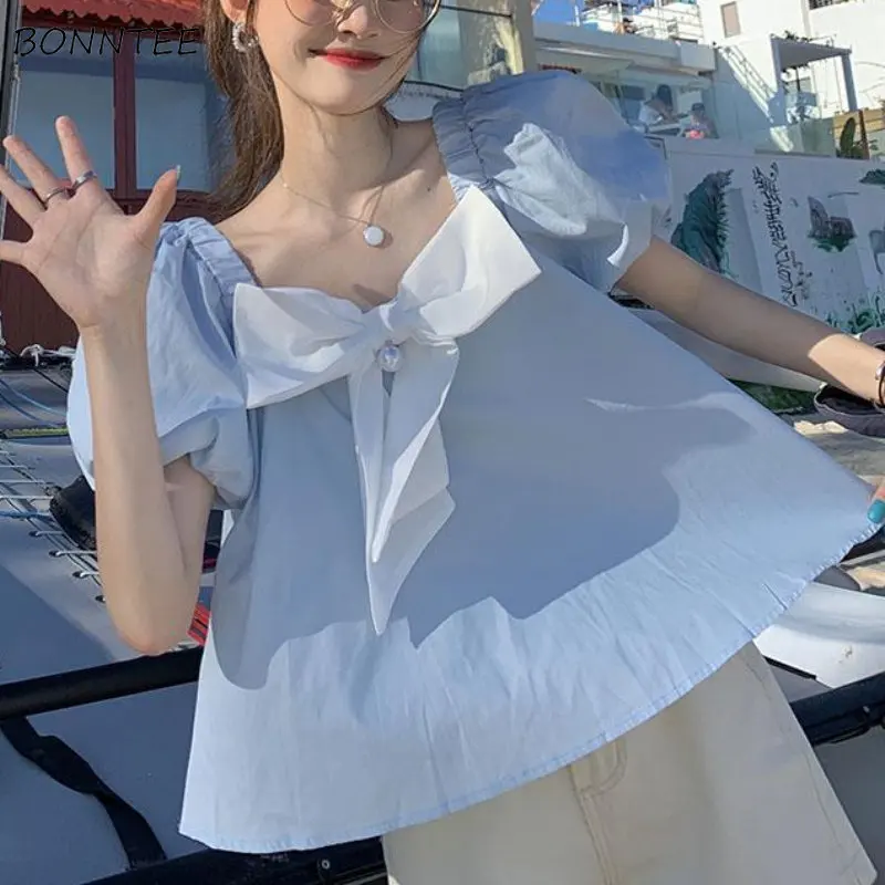 

Blouses Women Puff Sleeve Elegant Summer Baggy Vintage Aesthetic Streetwear Fashion Princess Holiday Simple Panelled Tender 2023