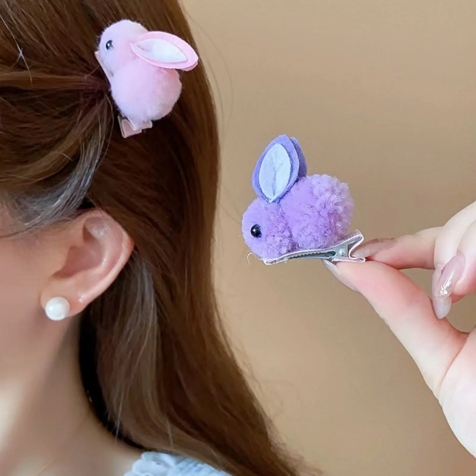 2PCS Fluffy Bunny Hair Clips Set, Cute Colorful Rabbit Hairpins,Adorable Faux Fur Hair Accessories For Women,Sweet Cartoon Hair