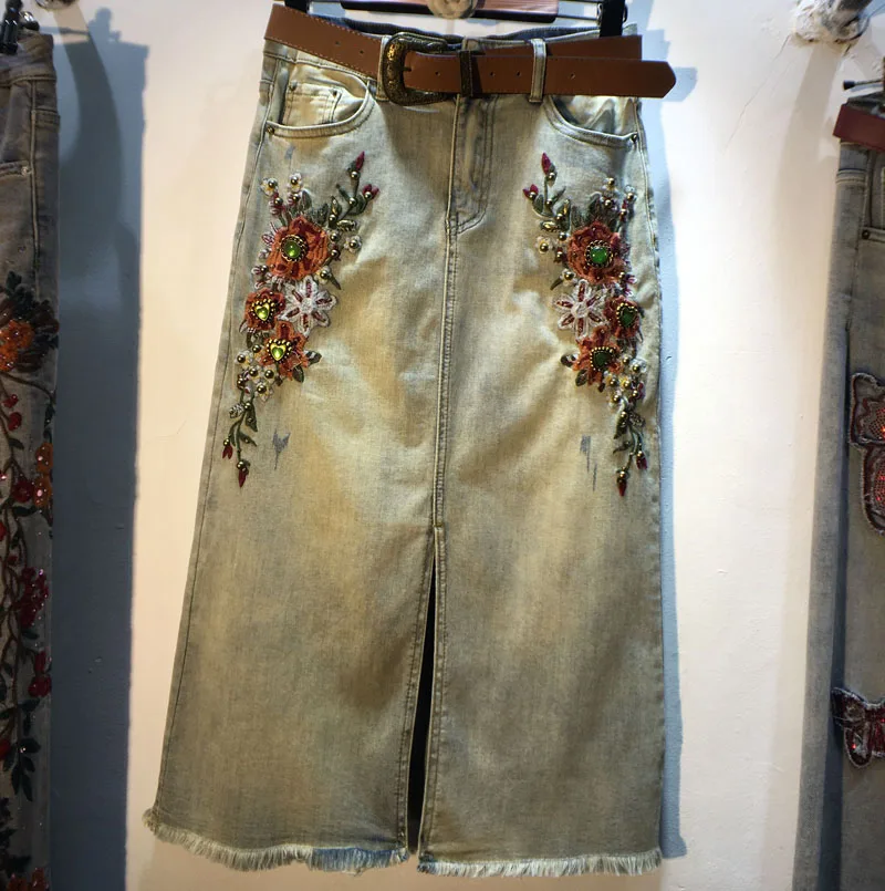 

2023 New Summer Diamonds Beading Embroidery Women Denim Skirt All-match High Waist Mid-length Split Blue Mid-calf Jean Skirts