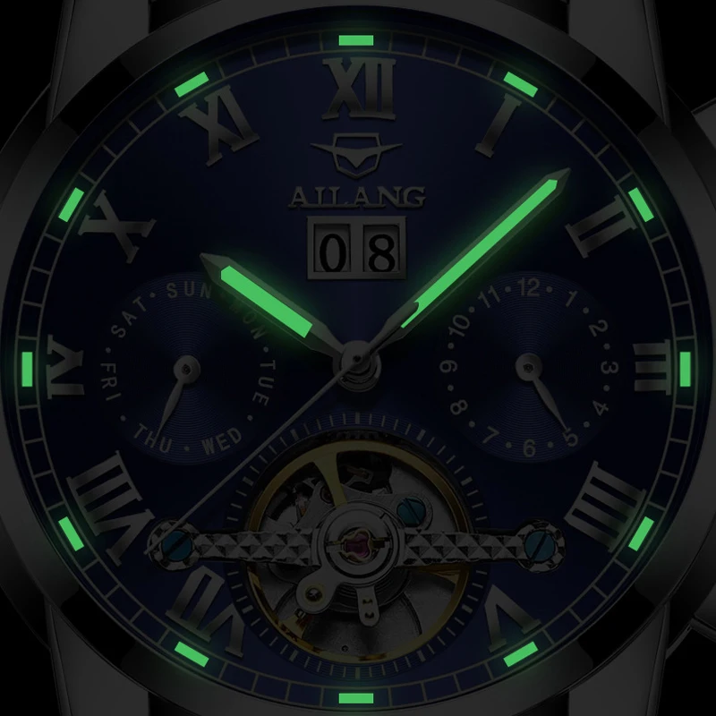AILANG Brand New Luxury Tourbillon Mechanical Watches Stainless Steel Waterproof Luminous Hands Calendar Business Mens Watches