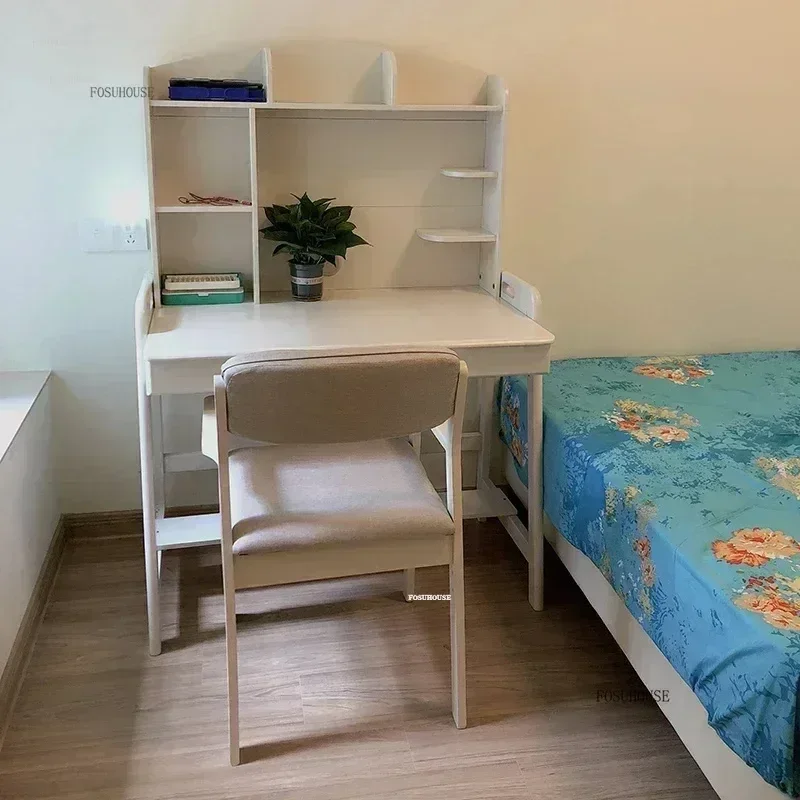 Solid Wood Children Tables Learning Desk Simple Integrated Desk and Bookshelf Modern Student Home Bedroom Writing Chair