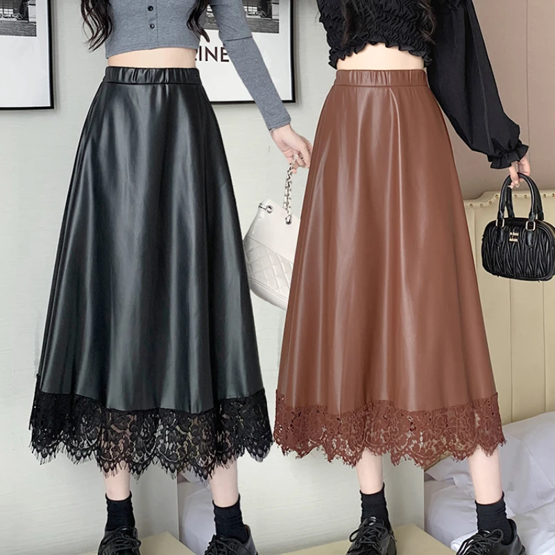

Lace Patchwork Pu Leather Skirt Women Fashion Elastic High Long Skirts Female Fall Winter Elegant A-line Black Coffee Faldas