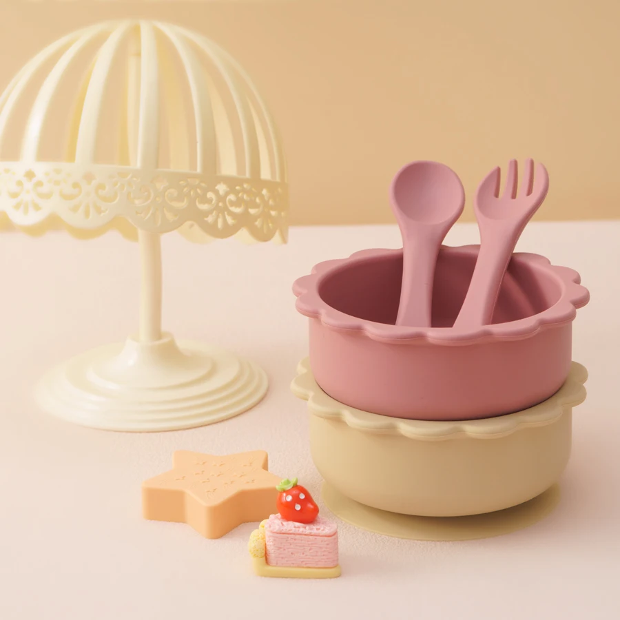 3PCS Silicone Tableware Sets For Baby Suction Cartoon Lion Shape Bowl Soft Spoon Fork BPA Free Feeding Training