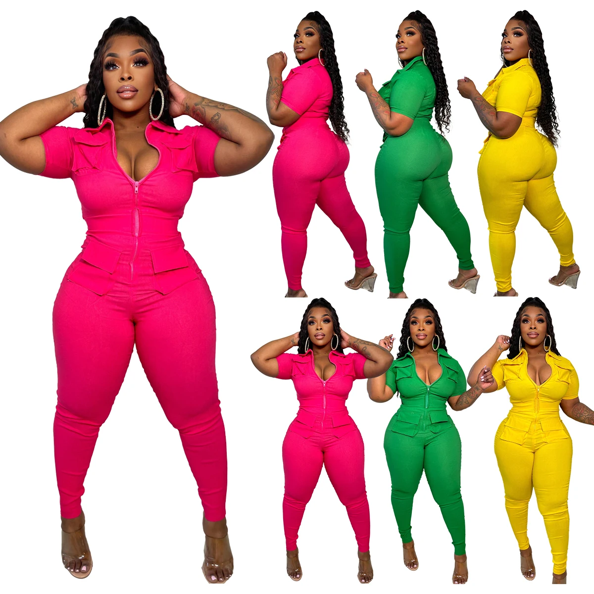 

Bright Colors Women Jumpsuit with Pocket Sexy Turn Down Neck Zipper Short Sleeves Sport Rompers Sport Clothes Summer