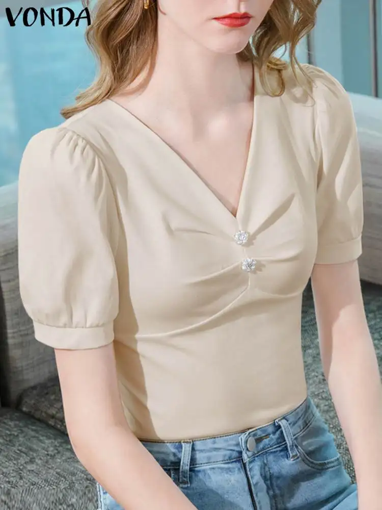 

VONDA Women Summer Tops Elegant Office Shirts Short Sleeve V-neck Casual Blouse 2023 Pleated Slim Solid Color Blusas Femininas