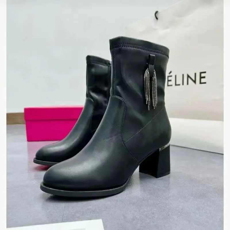Spring Genuine Leather Women Chelsea Boots Pointed Toe High Heels Women Boots Zipper Ankle Boots For Women 2023 Cowhide Shoes 42