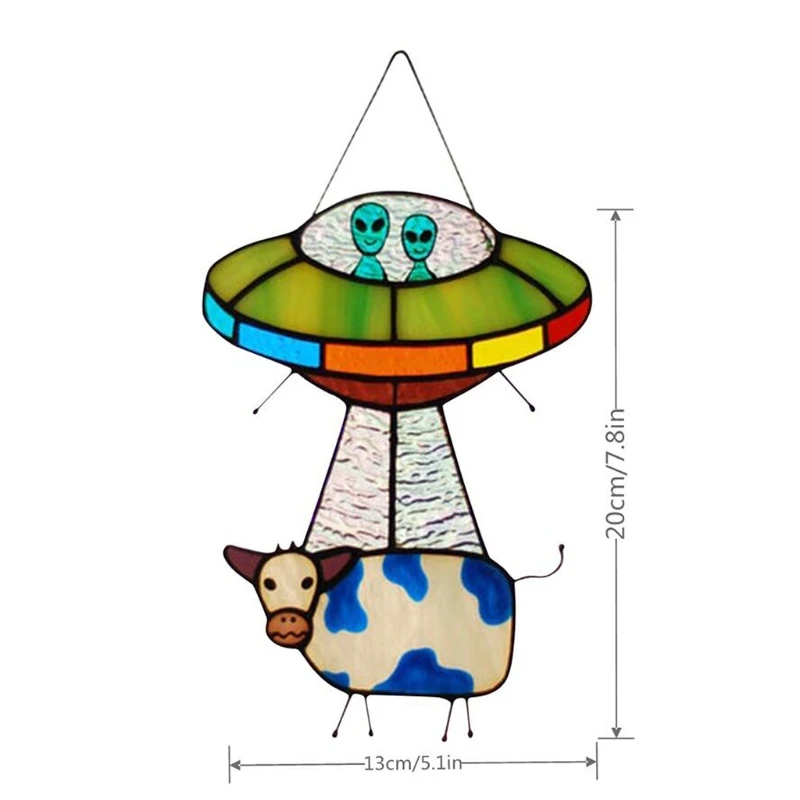 Painted UFO Pendant Cow Stained Glass Suncatcher Window Panel Door Hanging Garden Home Decoration