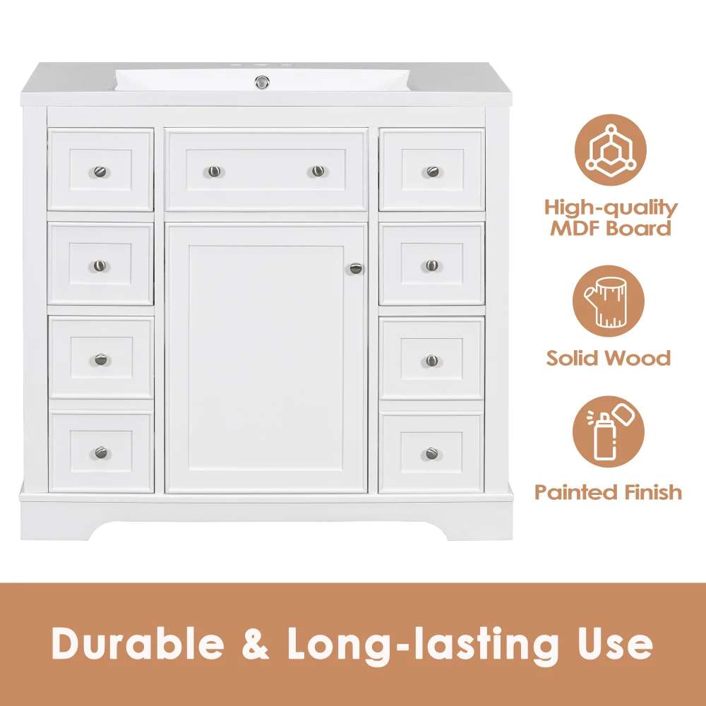 36" Bathroom Vanity Without Sink, Cabinet Base Only, Six Drawers, Multi-Functional Drawer Divider, Adjustable Shelf, White 5