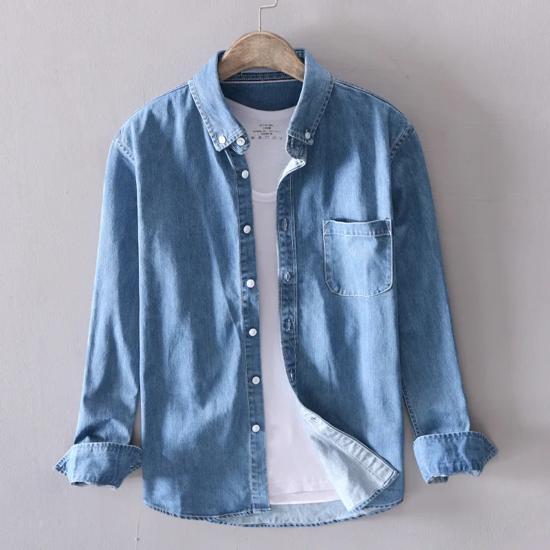 Spring Solid Color Denim Shirt for Men Cotton Fashion Four Seasons Slim Men Clothing A18021 denim shirt