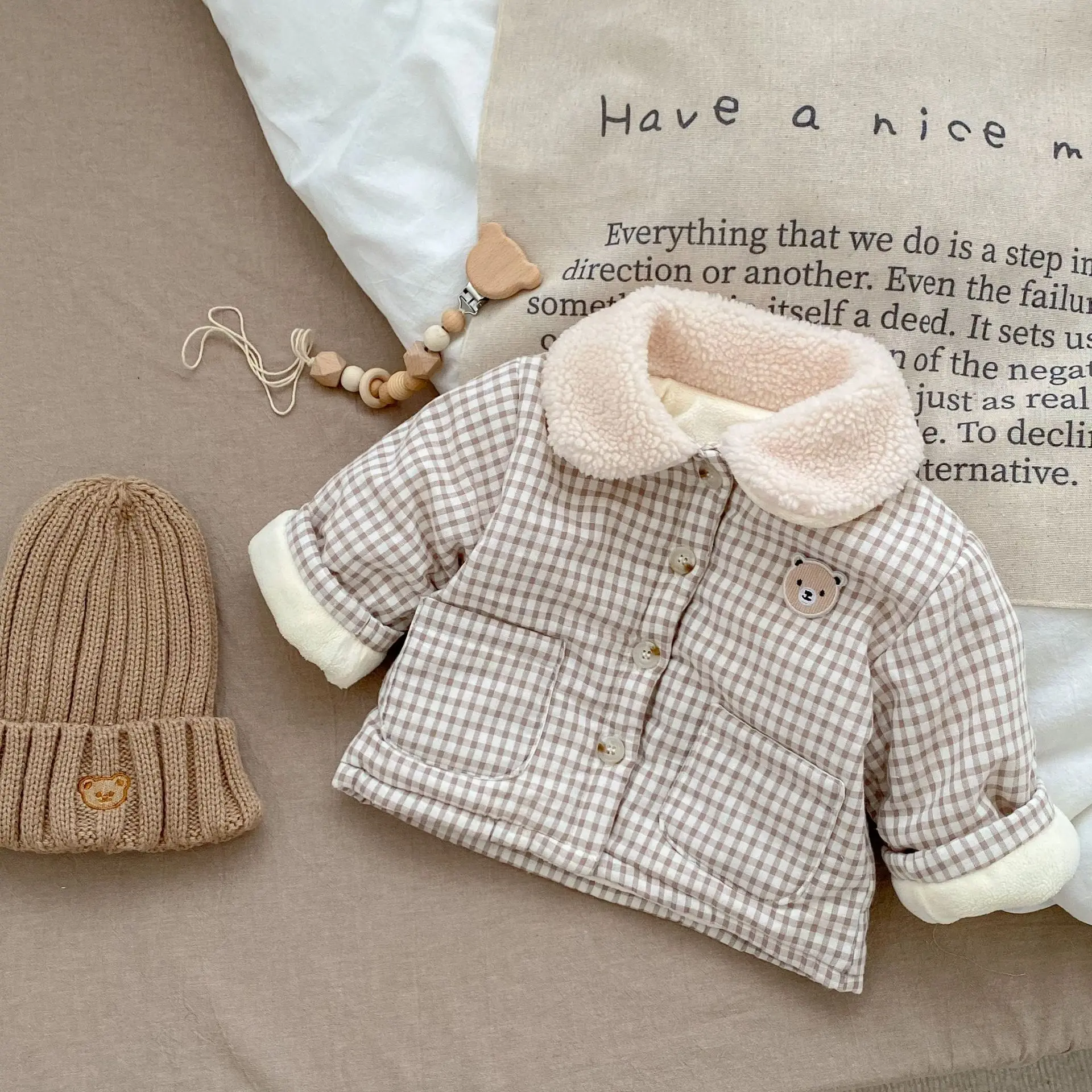 3712D Baby Coat Winter Korean Contrast Plaid Cotton Padded Boy's Coat 0 3Year Girl's Warm Cotton Jacket Tops