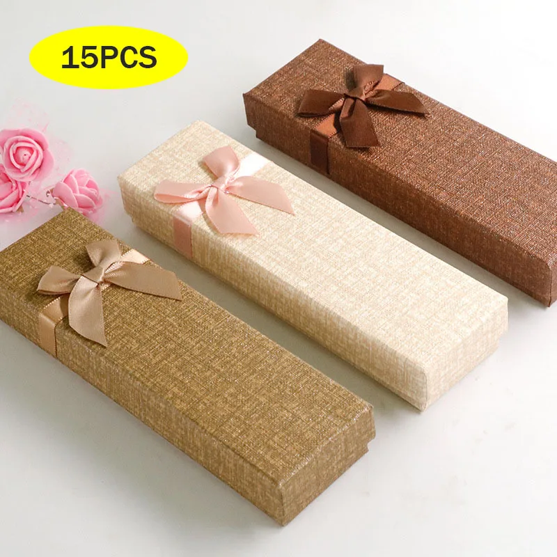 

15PCS Long Rectangle For Pen Necklace Jewelry Box Hard Paper Box Bow Paper Box Cute Packaging Box Engagement Gift Wholesale