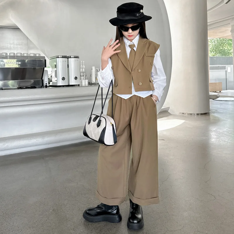 Girls Clothing Set 2025 Spring Autumn Blazer Suits for Teen Girl Children Clothes Kids Vest Wide Leg Pants 2pcs Outfits 5-14 Yrs