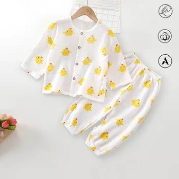 Set Pigiama per Neonati 0-3 Anni, Abbigliamento Primaverile in Cotone Mussolina con Stampe Cartoon, Vestiti Traspiranti per Bambini