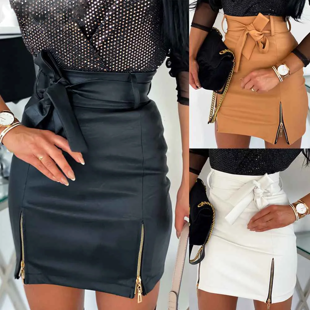 

Spring Autumn Fashion High Waist Pu Leather Women Elegant Skirts Sashes Zipper Pencil Mini Length Winter White Sexy Black Khaki