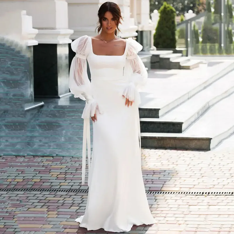 Simple White Wedding Dresses Full Puff Sleeves White Bride Dresses Sexy Backless Square Collar Illusion Formal Wedding Gowns2024