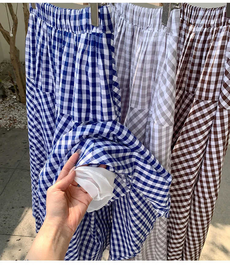 Korean Style Colored Plaid A-line Long Cotton Skirts 10