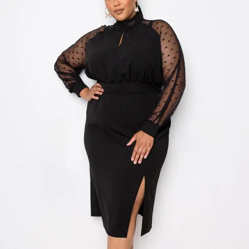 plus-size-women-clothing-new-fashion-elegant-black-high-collar-lace-long-sleeves-perspective-midi-dress-loose-slit-party-dresses