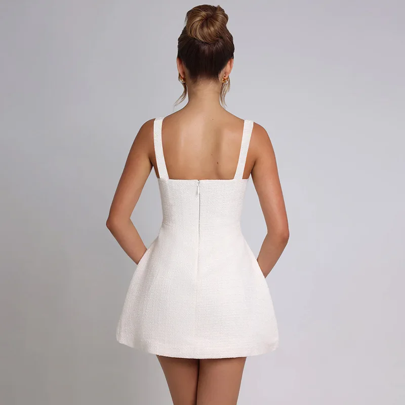 Elegantes, schmal geschnittenes, ärmelloses A-Linien-Party-Club-Minikleid im Xiaoxiang-Stil mit quadratischem Ausschnitt – Detail 3