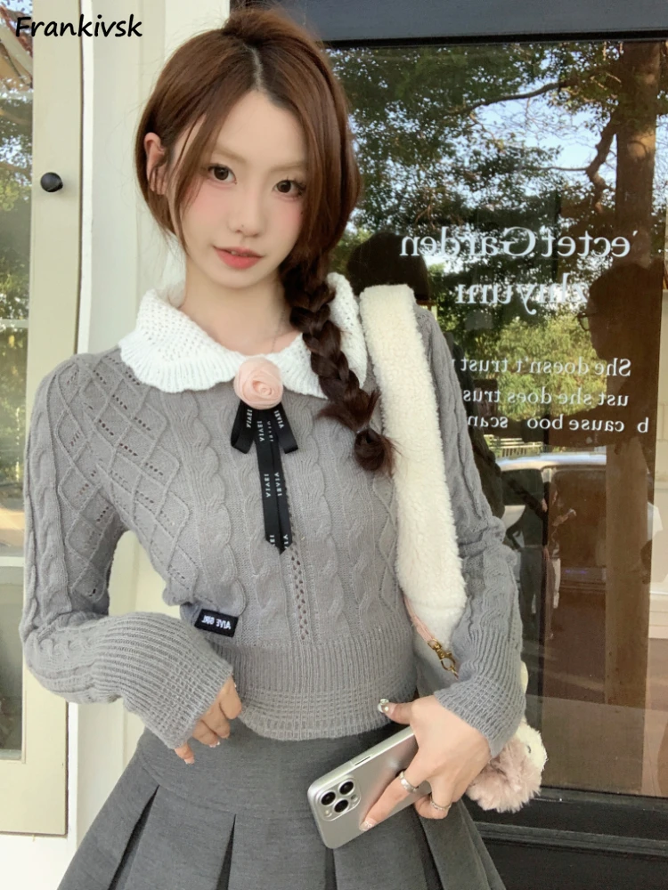 

Peter Pan Collar Sweaters Women Ribbon Twist Slim Solid Korean Preppy Style Sweet Elegant Autumn Winter Hipster Aesthetic Retro