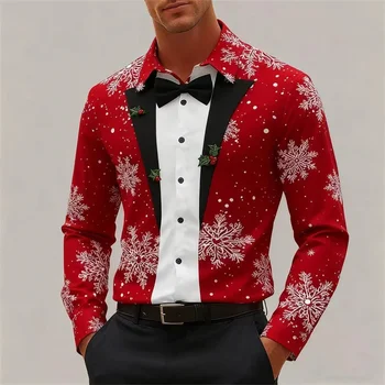 Men's Christmas long-sleeved shirt, 3D high-definition printed Christmas tree pattern, lapel button men's shirt, party wear