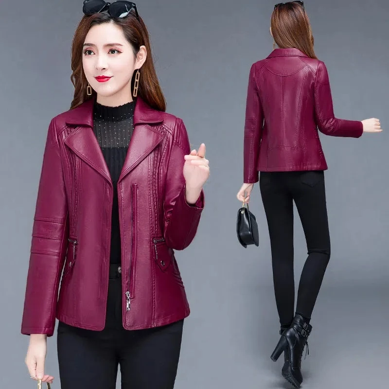 【新品タグ付き】ジップアップペプラムレザーブルゾン Mサイズ XL-6XL Women Leather Jacket Spring Autumn New Fashion Women