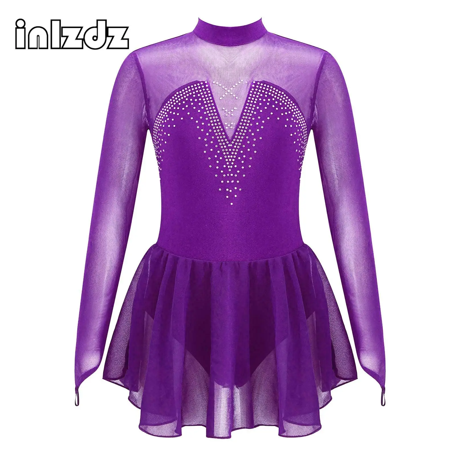

Kids Girls Figure Ice Skating Roller Skating Dance Leotard Dress Shiny Rhinestone Long Sleeve Performance Competition Costume