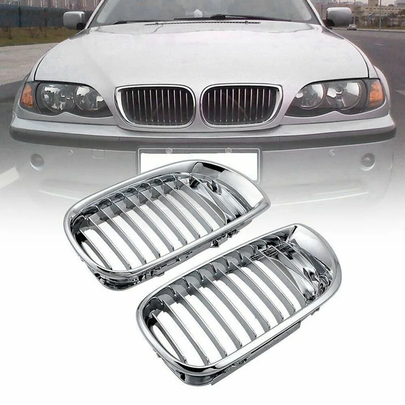 

2Pcs Car Front Racing Grille Chrome Silver Grills for BMW 3 Series E46 Sedan Touring 318d/318i/320d 2001 2002 2003-2005 Facelift