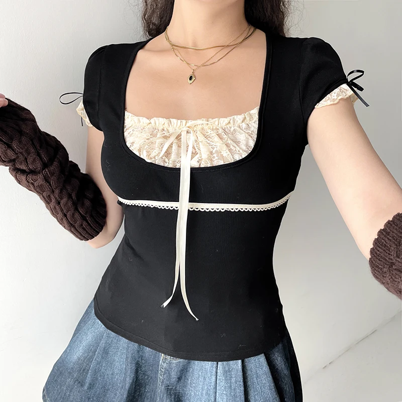 tシャツ Bow-Tie Lace Trimming Blouse レディース Bow-Tie Lace Trimming Blouse（Tシャツ/カットソー）｜Her lip