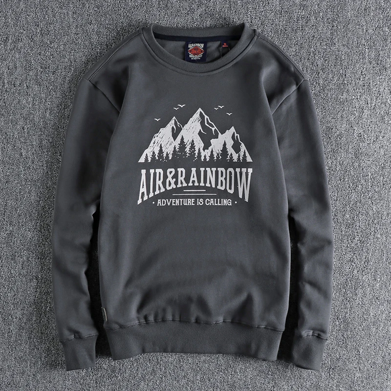 

Retro Trend Outdoor Element Printing Round Neck Men's Hoodies Thick Washed Terry Cotton Comfortable Pullover Long-sleeved Top