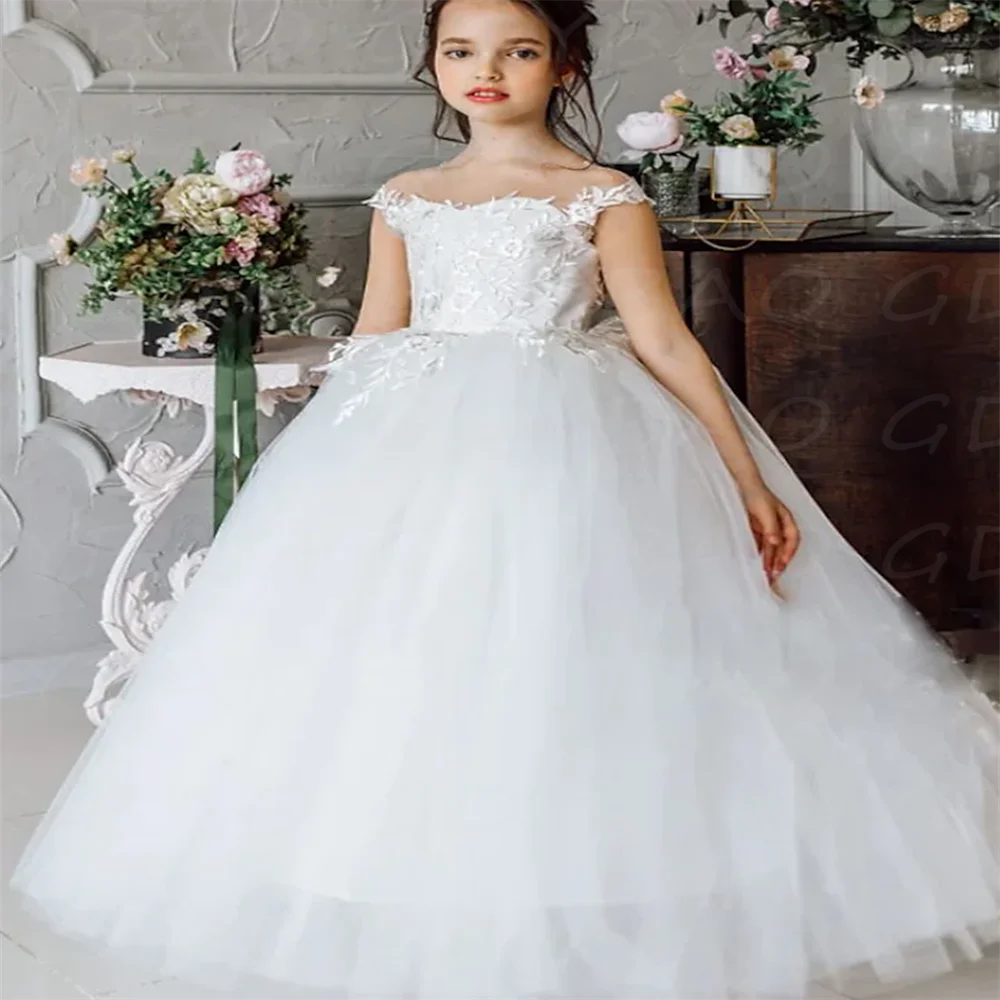 

Flower Girl Dresses Purple Tulle Puffy 3D Flowers With Bow Short Sleeve For Wedding Pageant Party First Communion Gowns