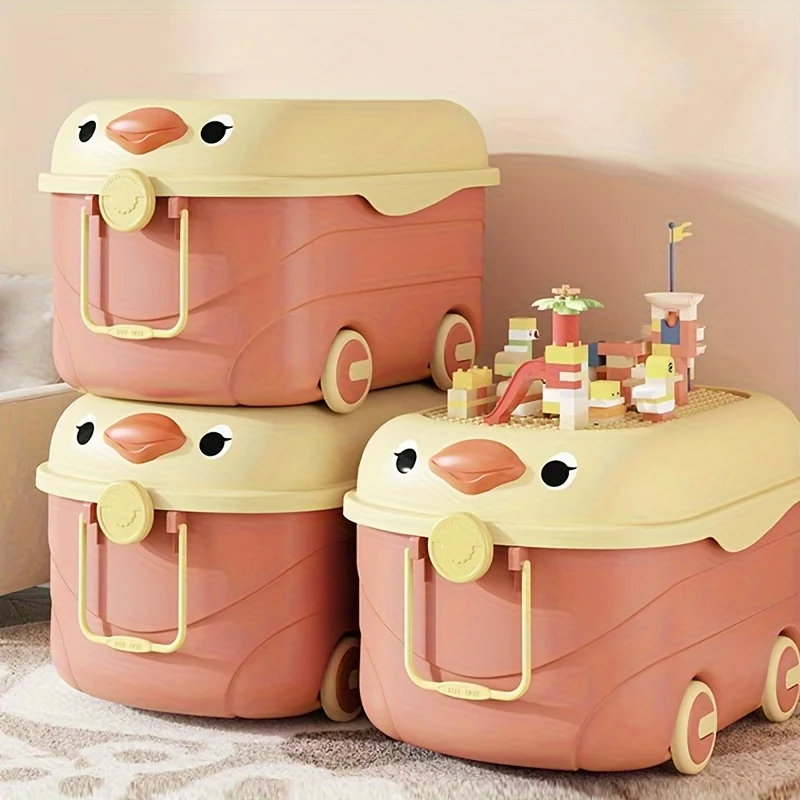 1PC Cute Duck Shaped Large Capacity Storage Box with Lid and Wheels, Versatile for Storing Toys, Snacks, Books, and Clothes