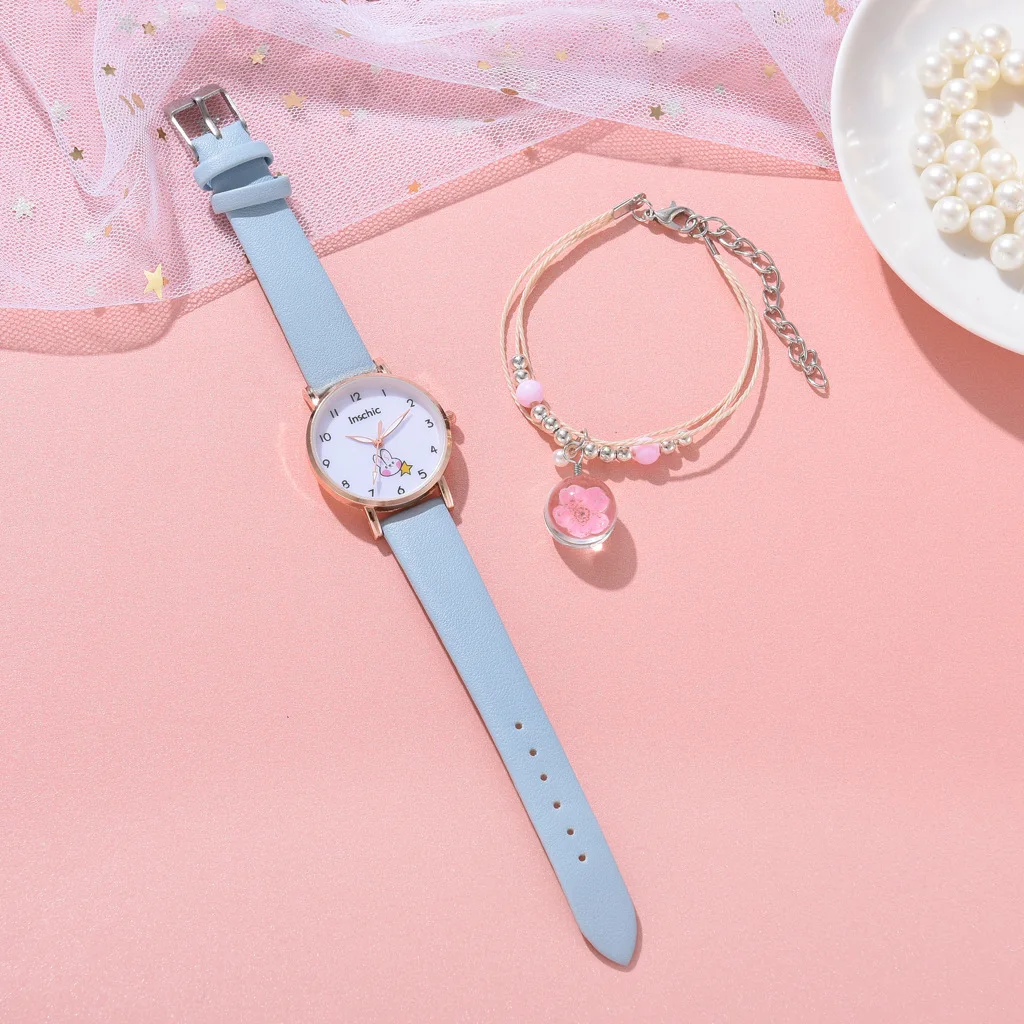 New 5pcs Women Watch Bracelet Set Leather Cute Rabbit Girls Wristwatch Fashion Ladies Quartz Clock Reloj Mujer Students' Gift 6
