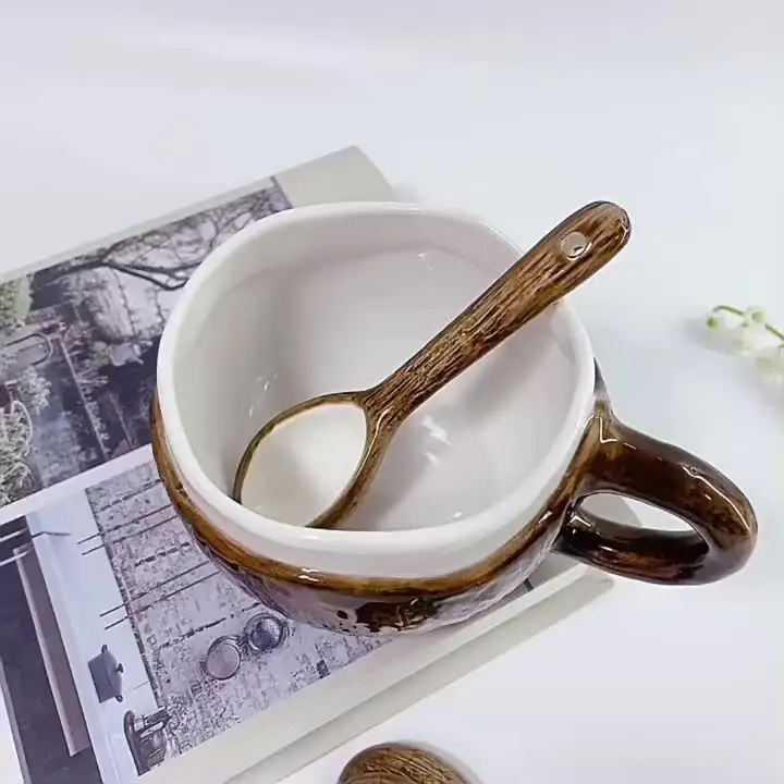 HZIYOU Ceramic Coconut Shaped Coffee Mugs - Unique Kiln-Altered Glaze, Large Handle, Set Of 4 - View #4