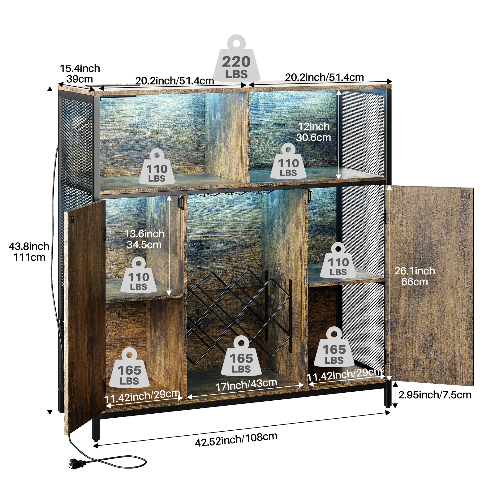 Redlife Bar Cabinet w/ Power Outlets Liquor Cabinet w/ LED Light Glass Holder Industrial Storage Buffet for Home Kitchen