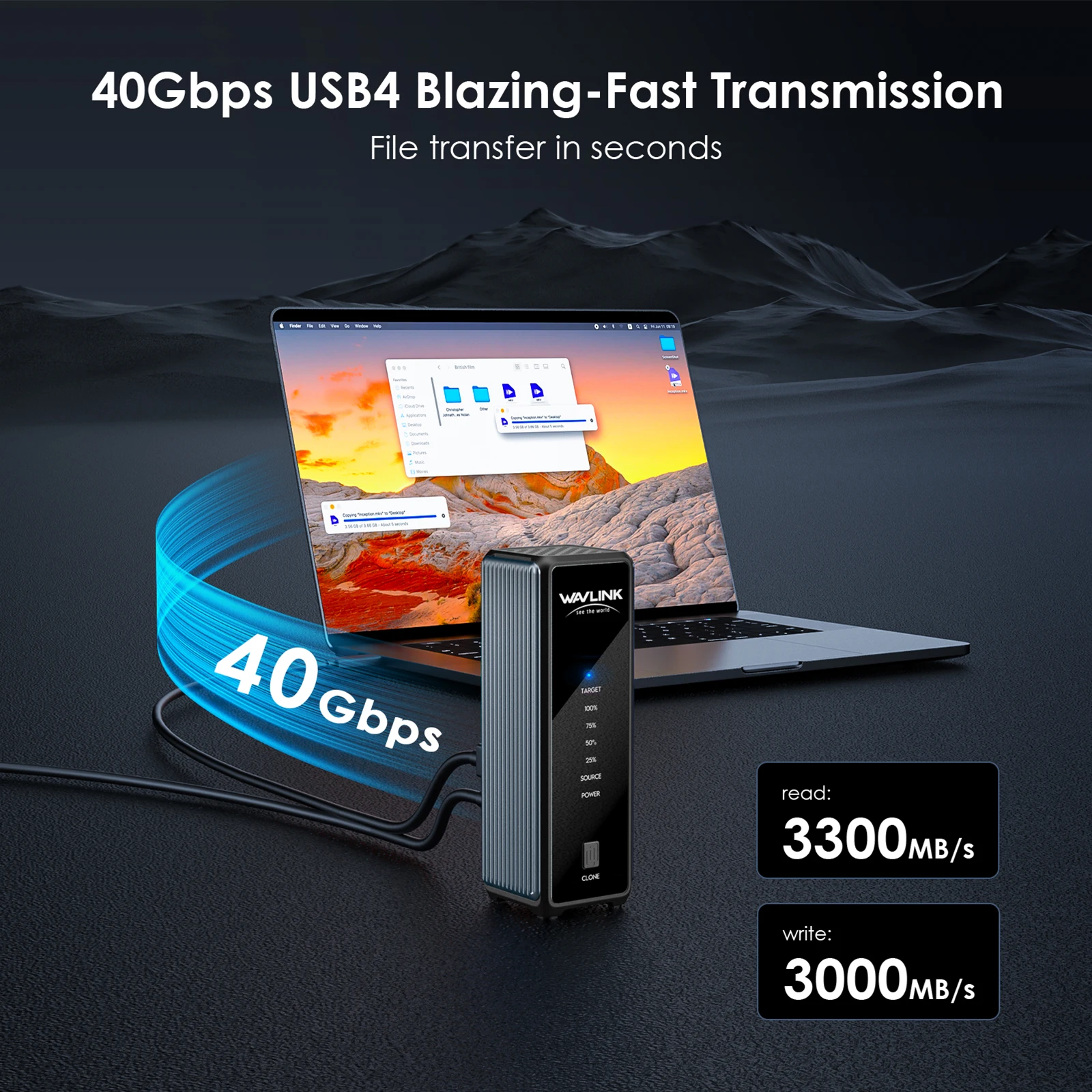 WAVLINK 40Gbps M.2 USB4 PCIe NVMe 듀얼 SSD 인클로저 M-Key/(B+M) 키 솔리드 스테이트 드라이브 외장 케이스 UASP 트림 오프라인 클론