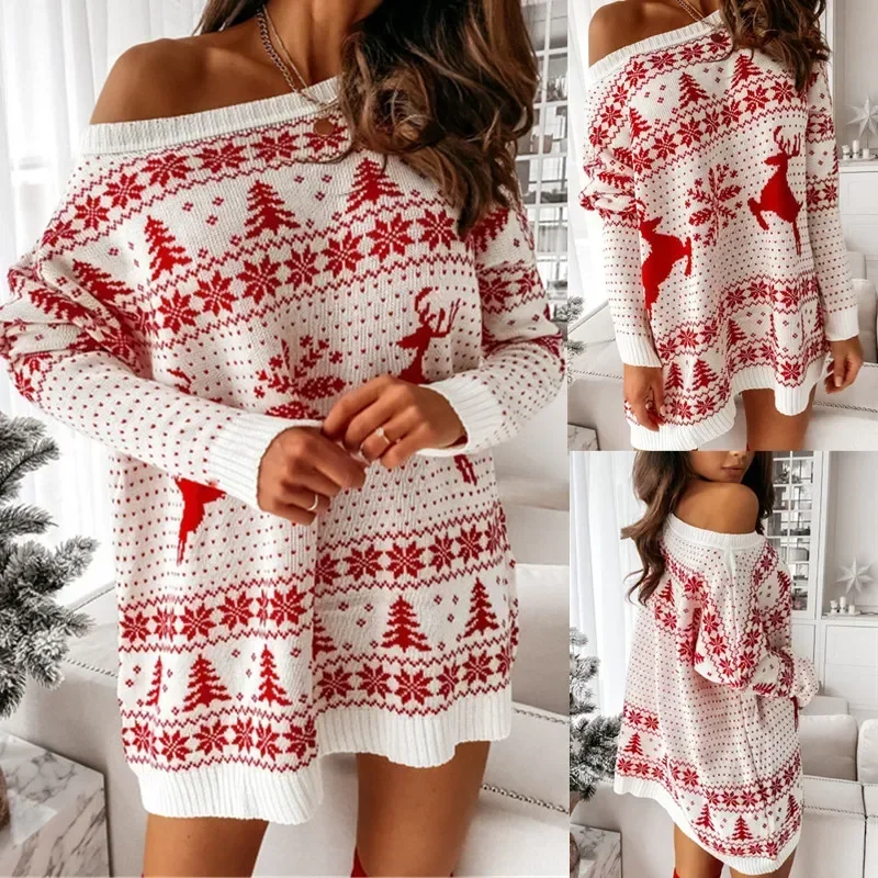 

Christmas Sweater Dress For Women Red New Years Clothing Evening Xmas Long Sleeve Pullover Winter Loose Mini Party Dresses