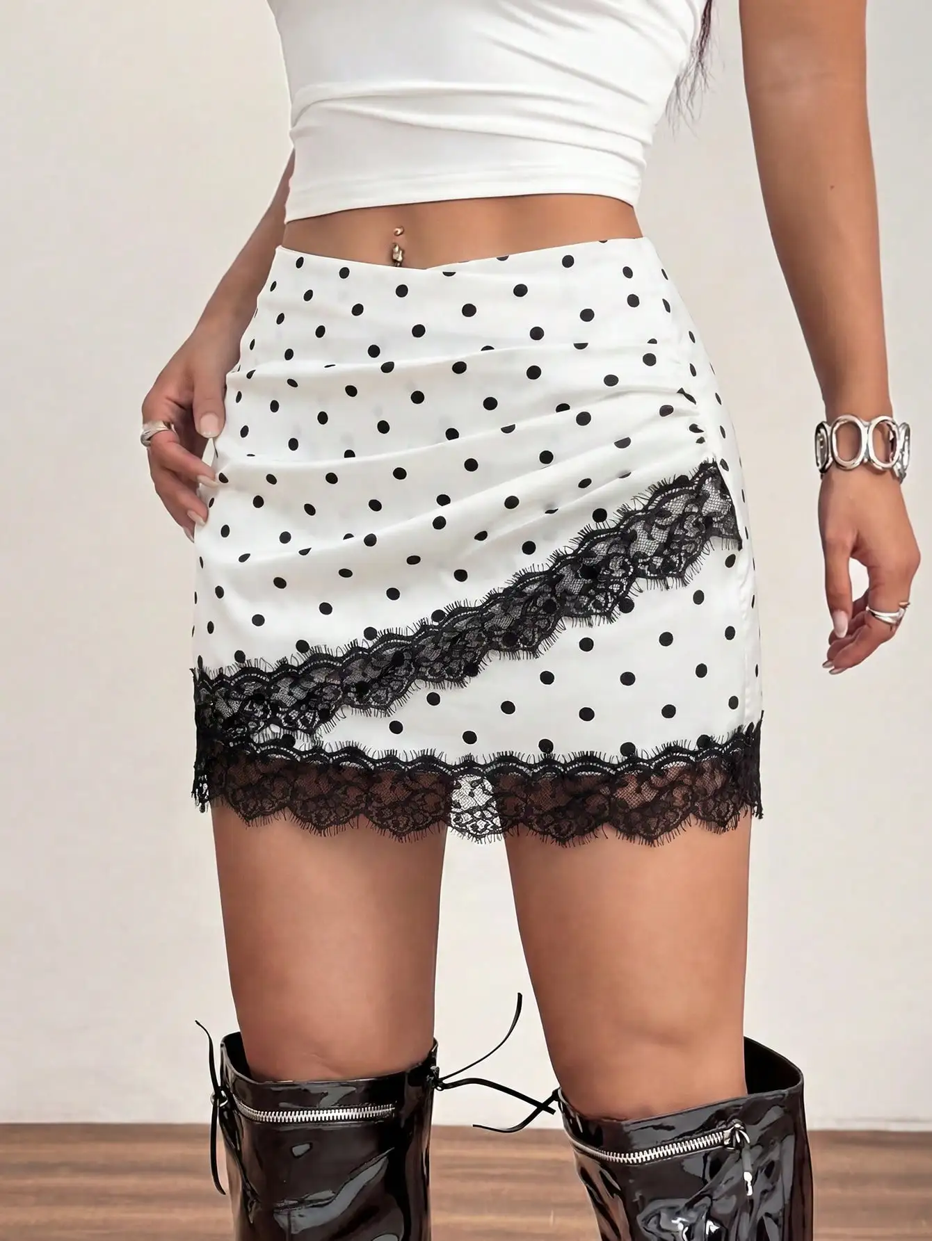 Women's High Waist Ruched Polka Dot Mini Skirt with Lace Trim, Trendy Party Club Skirt 1