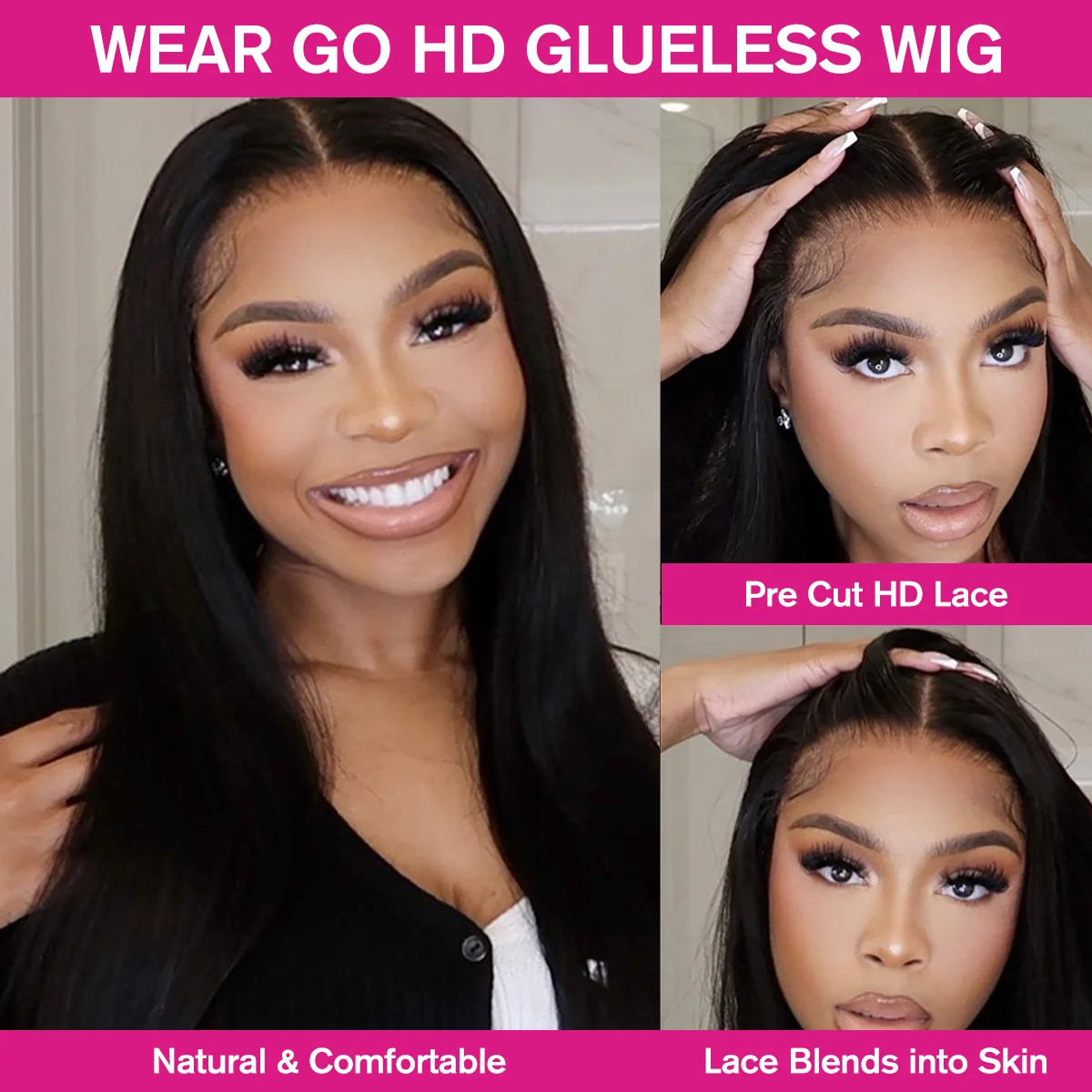 Parrucche Senza Colla Wear Go, 100% Capelli Umani Veri, 250% Densità, Parrucca Frontale in Pizzo 13x6, Parrucca Frontale in Pizzo HD Trasparente 7x5 Liscia Effetto Osseo - immagine 5