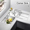 SUS 304 Stainless Steel Handmade Brushed Corner Kitchen Sink 4mm Thickness 4 Holes Double Kitchen Sinks With Knife Holder 1